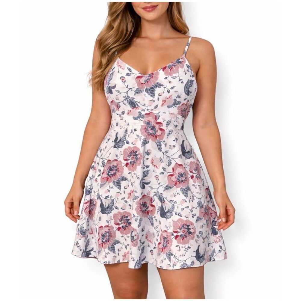 LOFT Dress floral slip fit & flare lined mini short spaghetti strap SZ 10